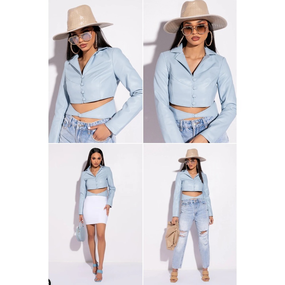 Azalea Wang Crop Faux Leather Blazer Jacket Womens Large Cut Out Waist Baby Blue